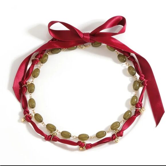 New Zara Green Beaded and Red cord Ribbon Necklaces Set Of 2 - Picture 1 of 10